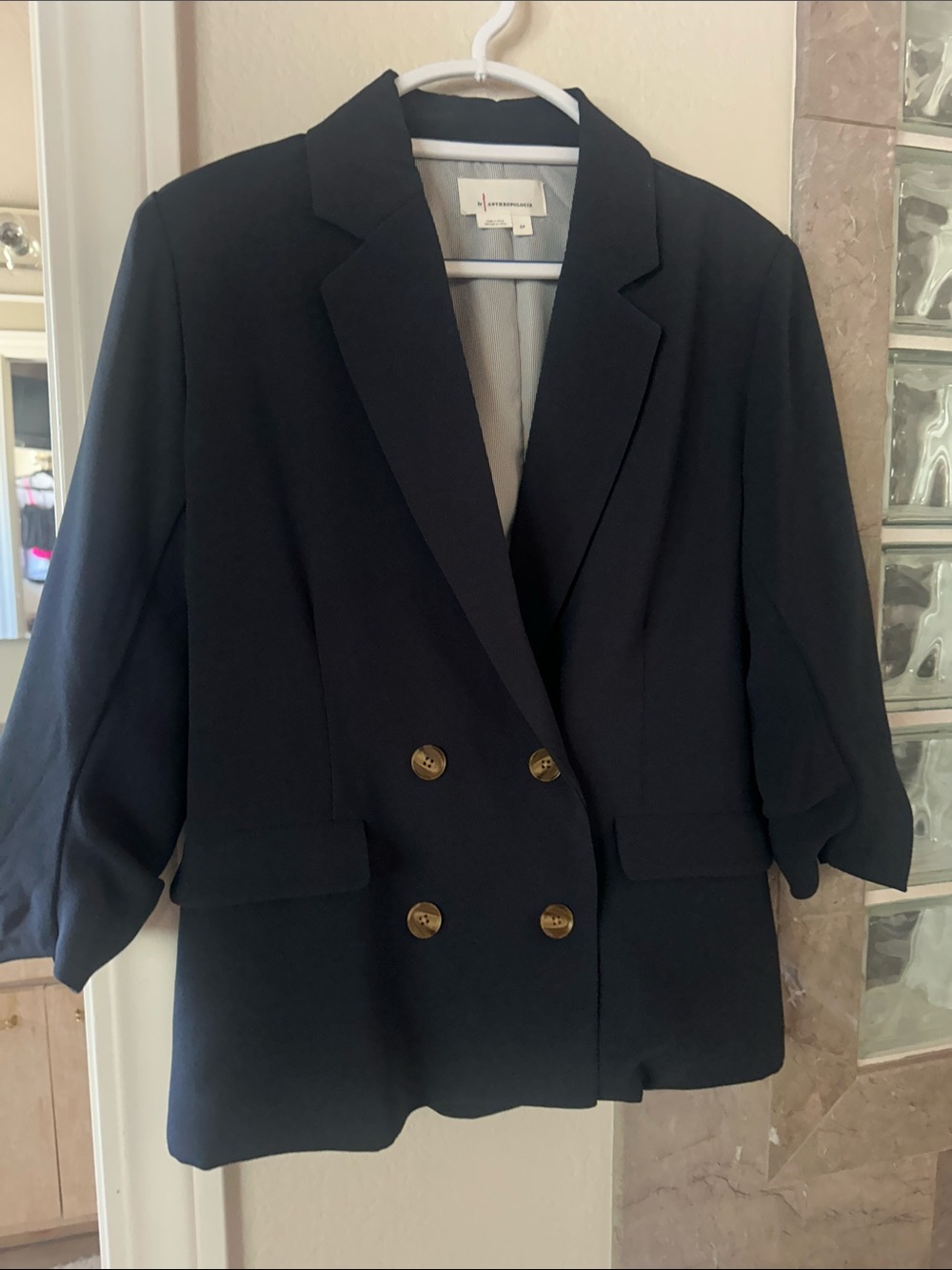 Anthropologie Navy Double-Breasted Blazer with Gold Buttons